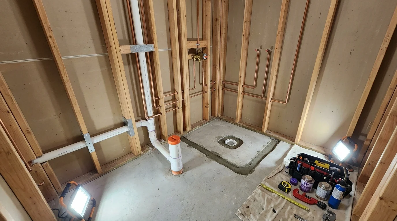 Bathroom rough-in plumbing during remodel by Johns Plumbing LLC in Horicon