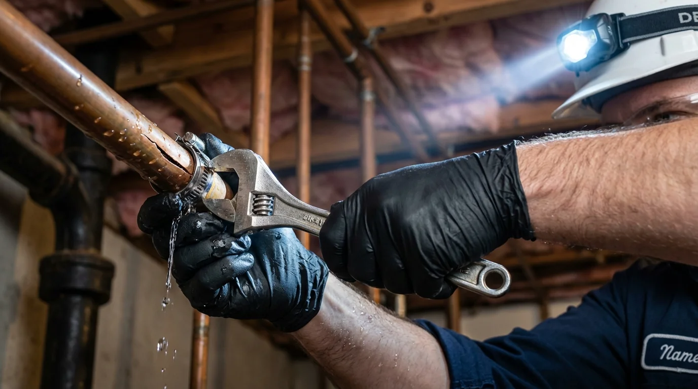 Emergency pipe clamp repair being performed by a Johns Plumbing LLC plumber in Horicon