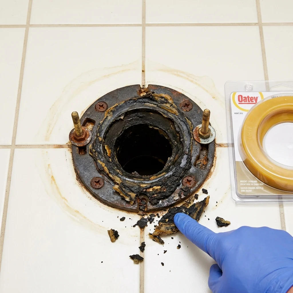 Failed wax ring showing water seepage at the base of a toilet in a Horicon, WI home