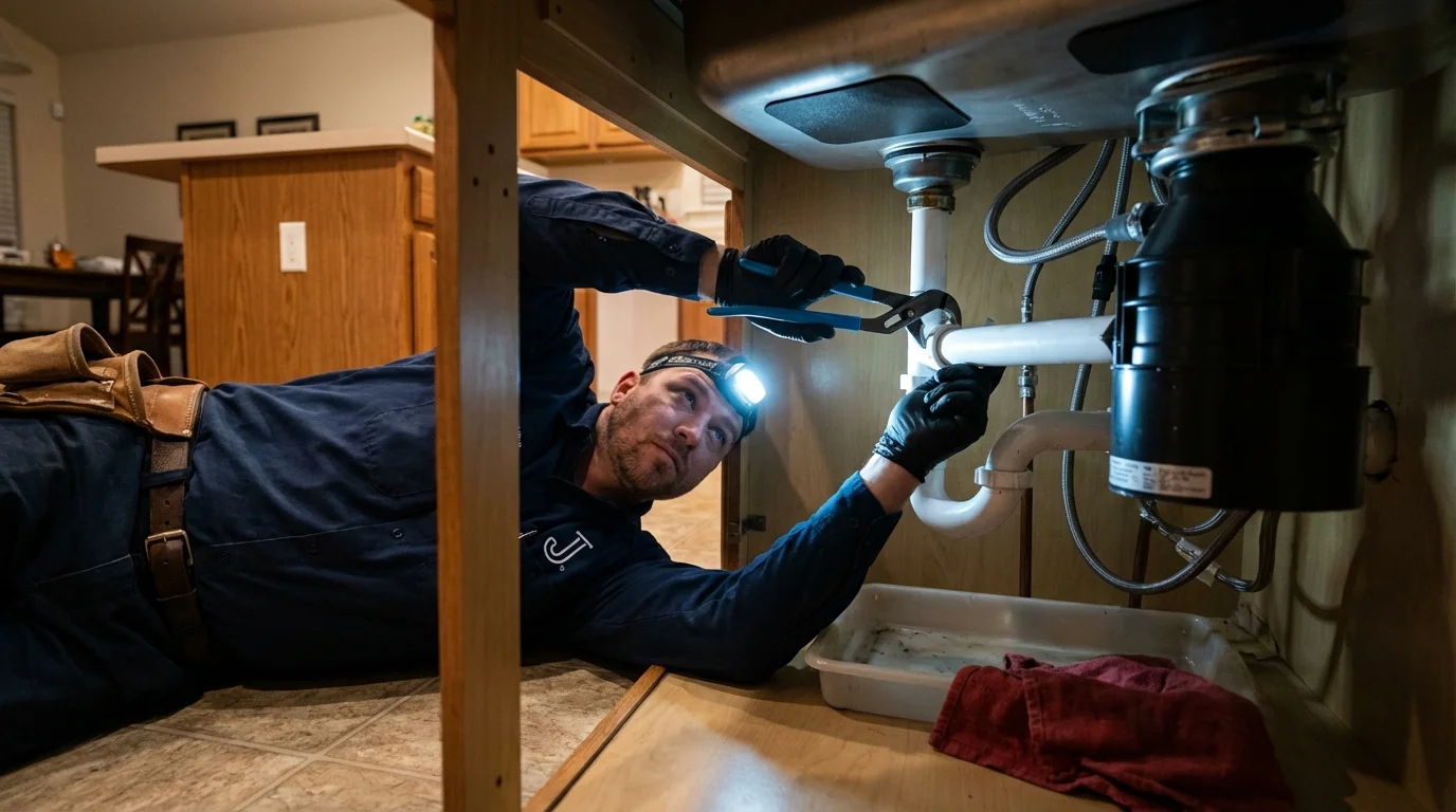 P-trap and supply line connections under a kitchen sink showing a common leak point in Horicon, WI